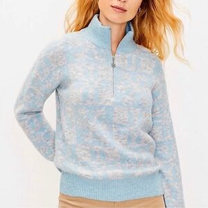 Loft Wool Blend Sweater Women’s Size Large Blue Grey Snowflake Knit Qtr Zip